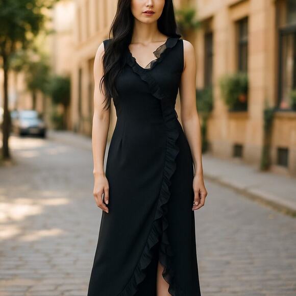 Vintage Black V-neck Ruffled Maxi Formal Dress Size 10 Goth Witch Vamp Sexy Glam - Picture 2 of 15